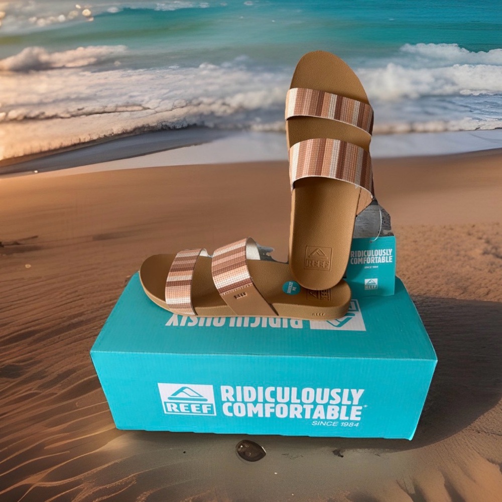 REEF Kaia Band Women's Size 9 Slide Sandals. Tan Multicolored. New in Box.